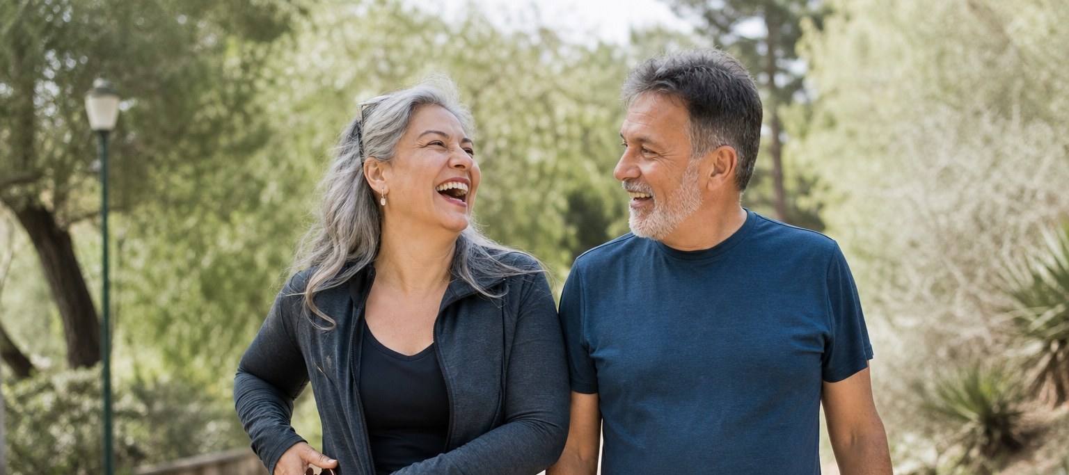 A woman in her fifties and her husband walking in a park, laughing, as she slips her phone into her jacket pocket.